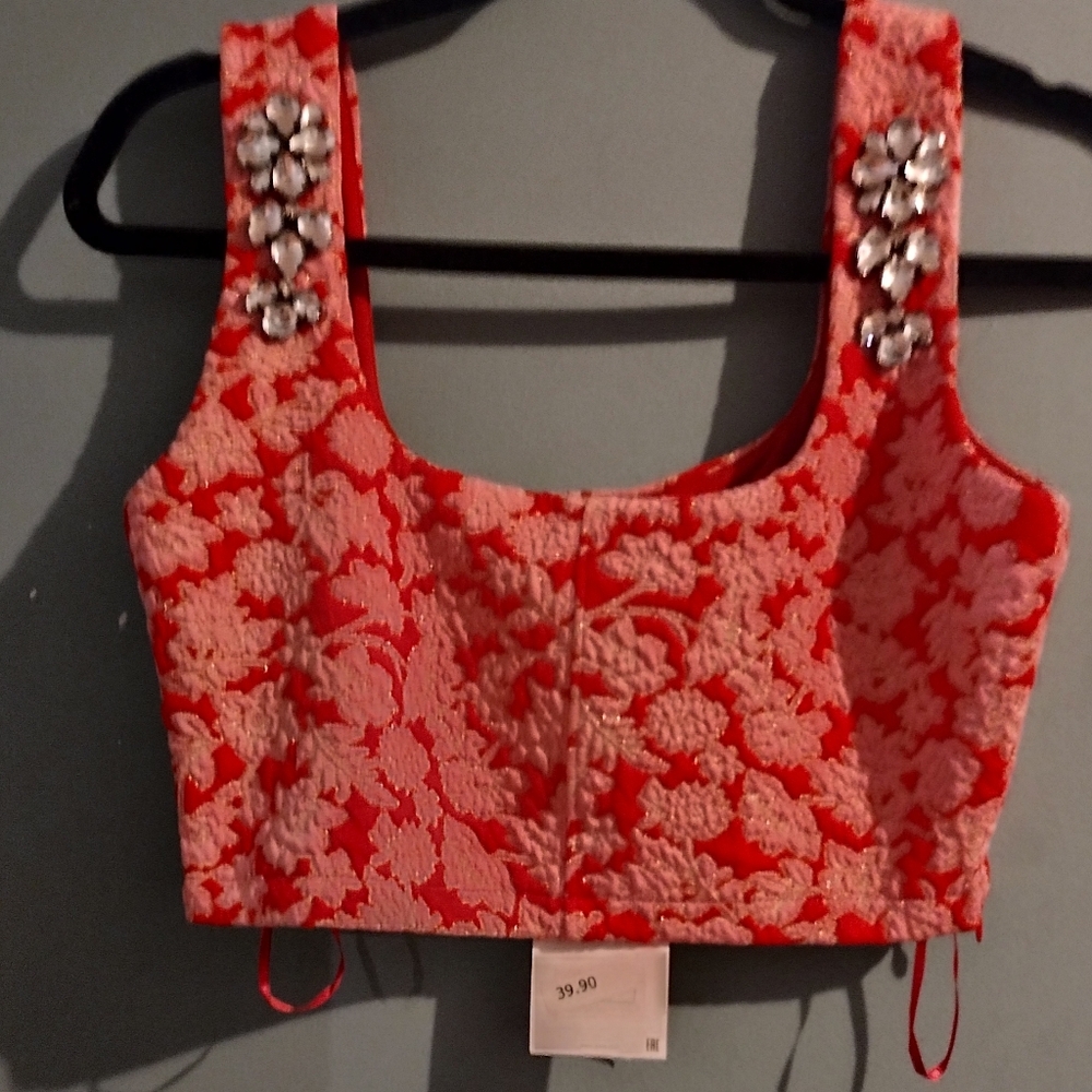 ZARA Brocade Red and White Floral Crop Top with metallic thread and jewels